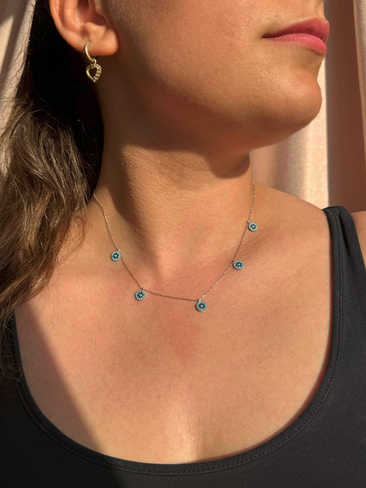 5 Turquoise Navy Circle Silver Necklace