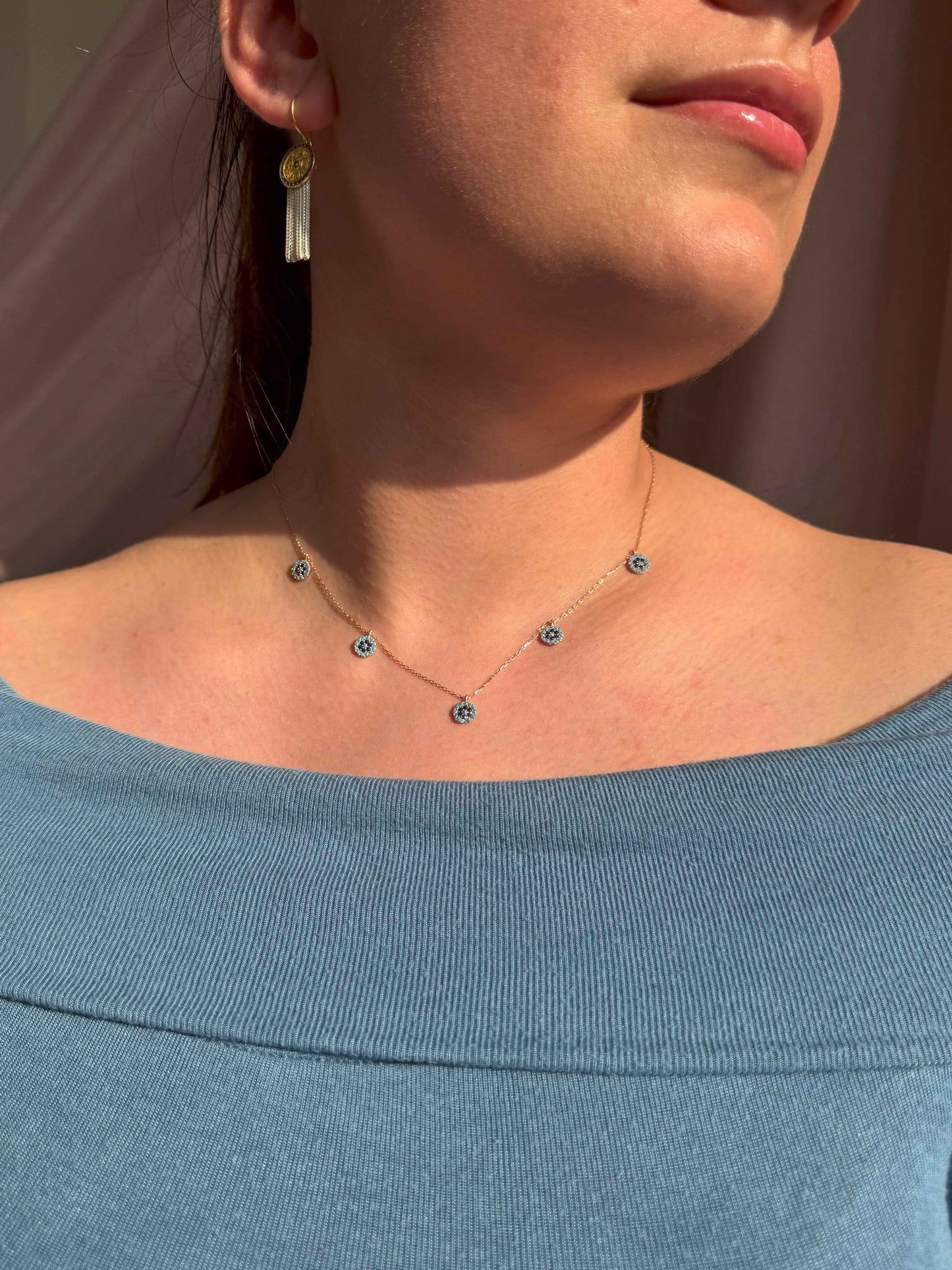 5 Turquoise Navy Circle Silver Necklace
