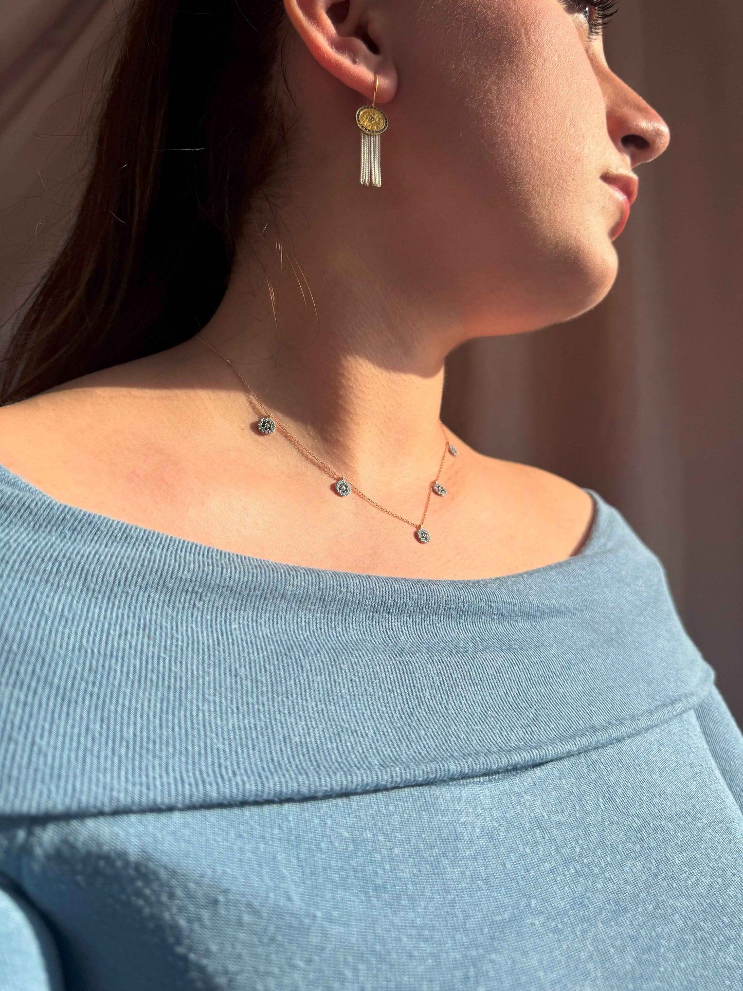 5 Turquoise Navy Circle Silver Necklace