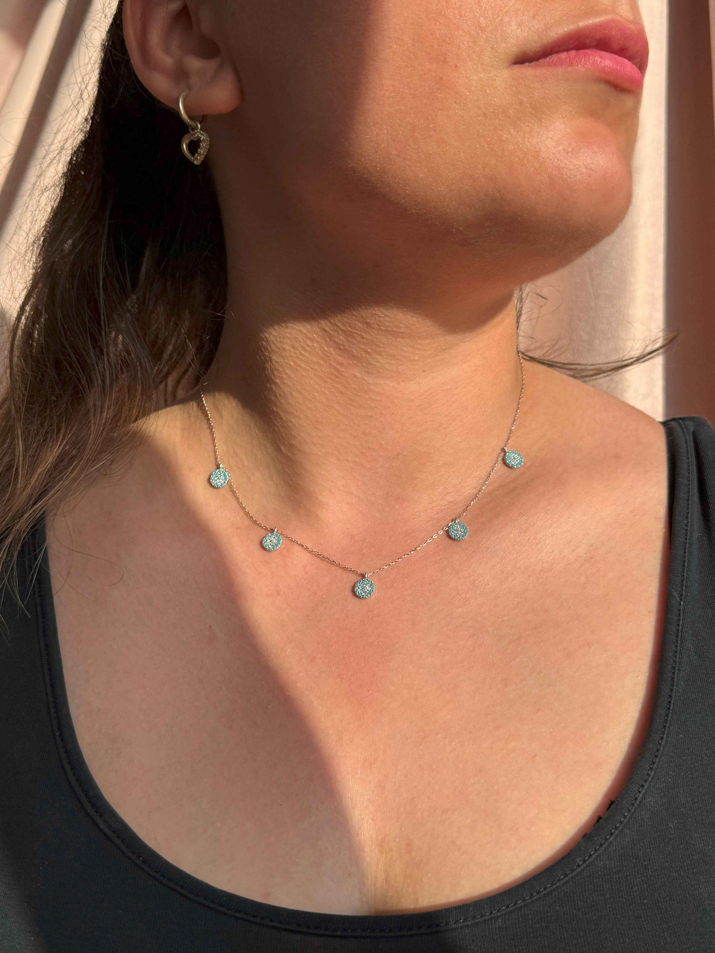 5 Turquoise White Circle Silver Necklace