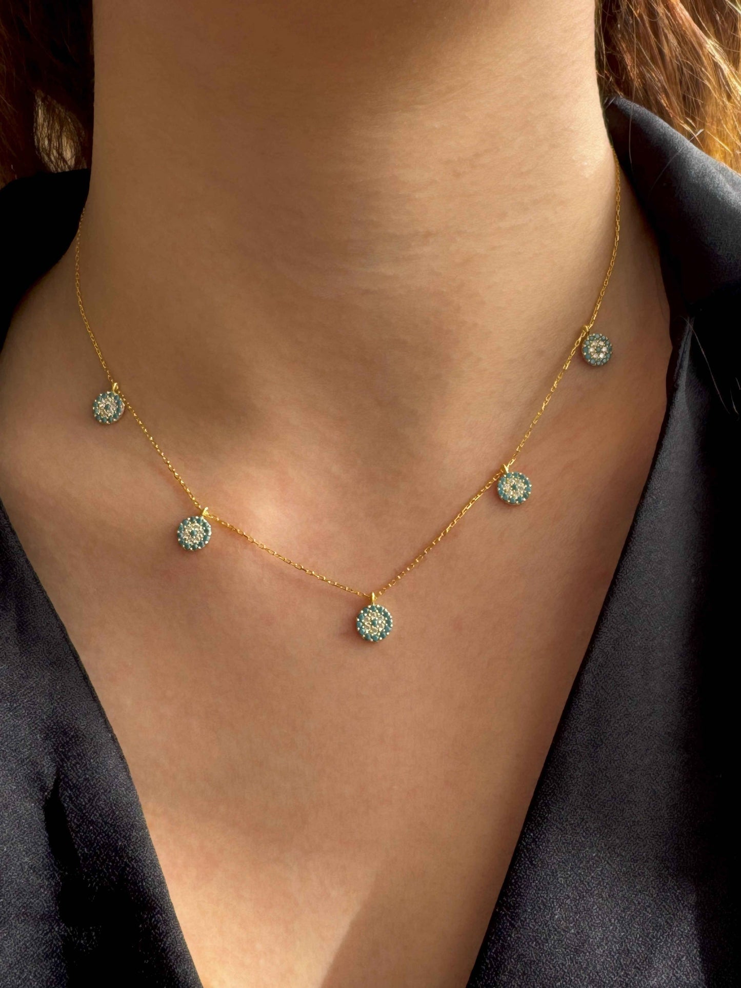 5 Turquoise White Circle Silver Necklace