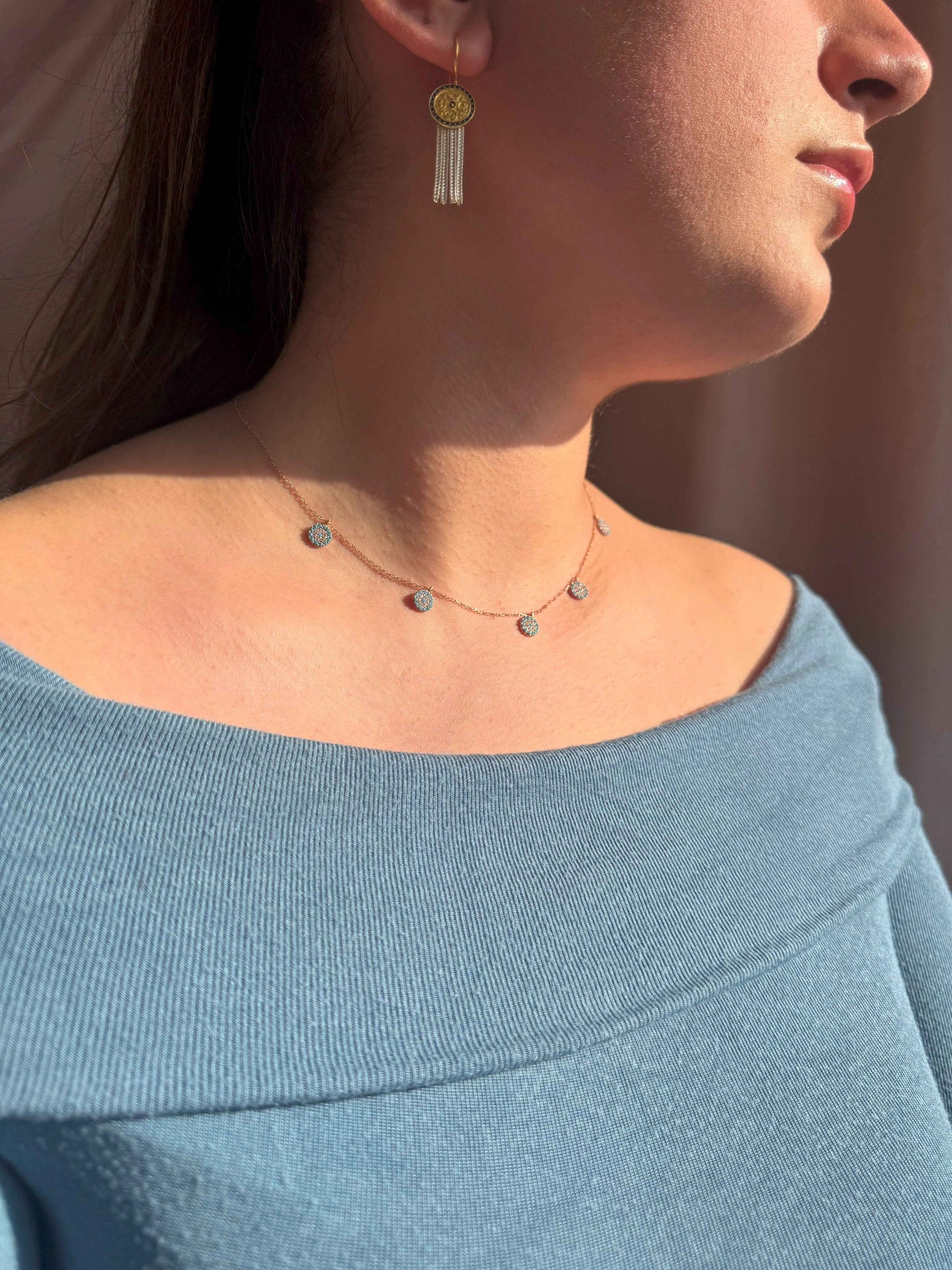 5 Turquoise White Circle Silver Necklace