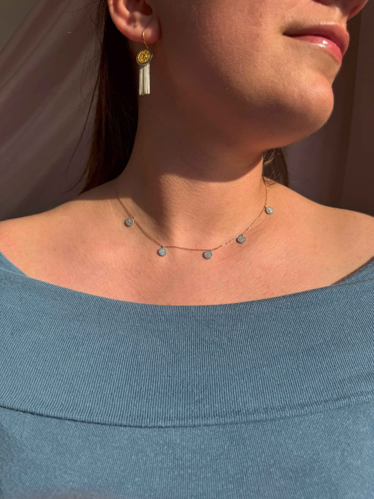 5 Turquoise White Circle Silver Necklace
