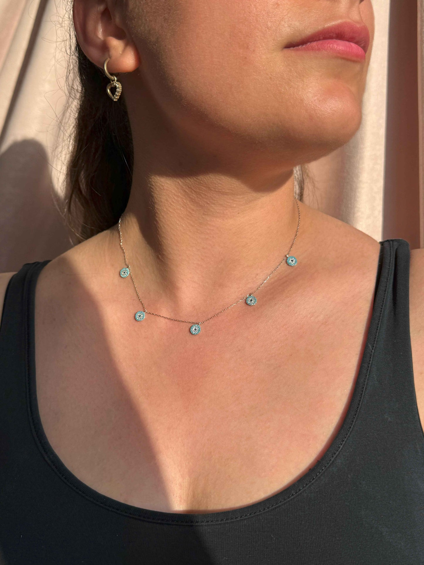 5 Turquoise White Navy Circle Silver Necklace