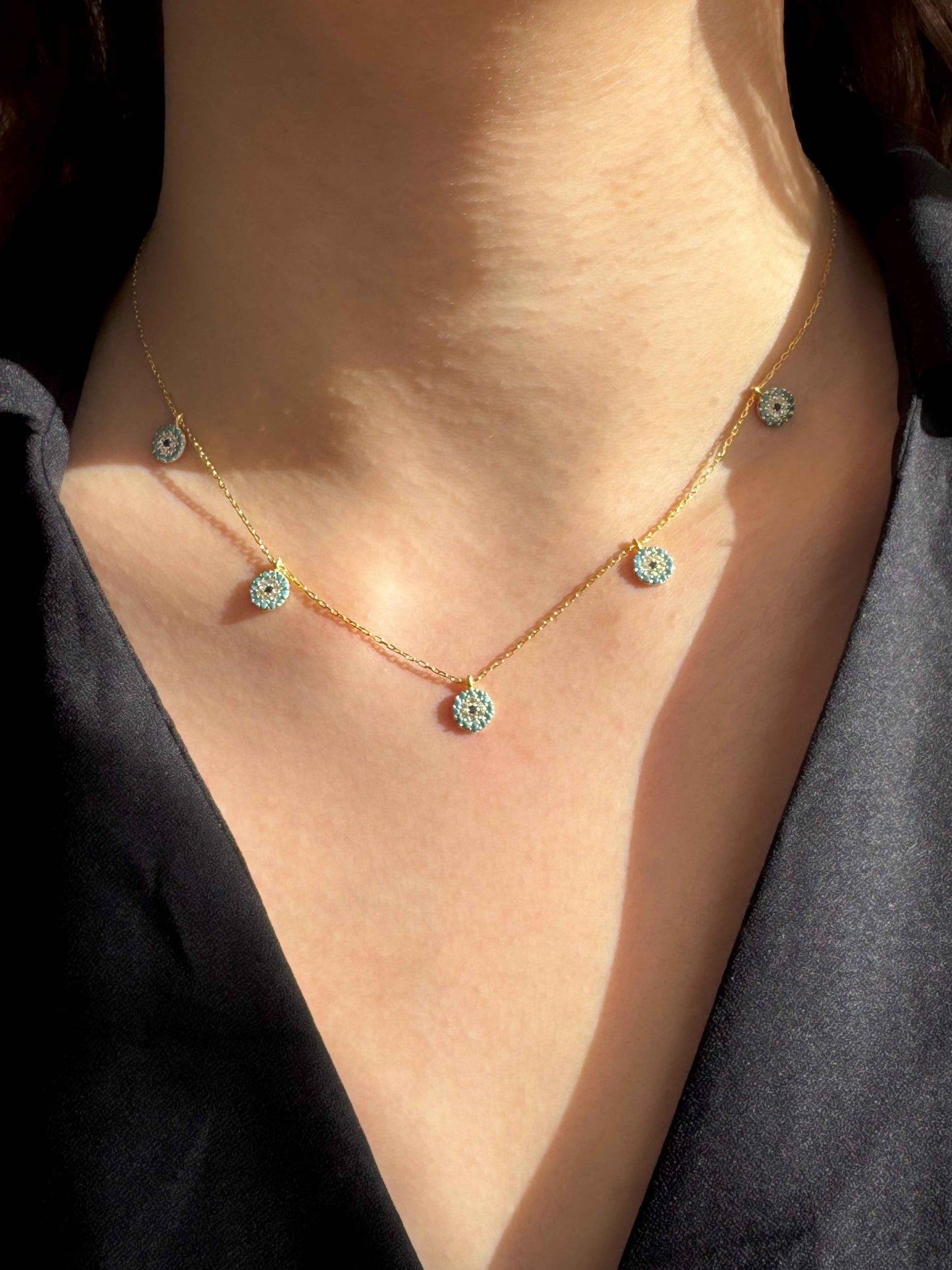 5 Turquoise White Navy Circle Silver Necklace
