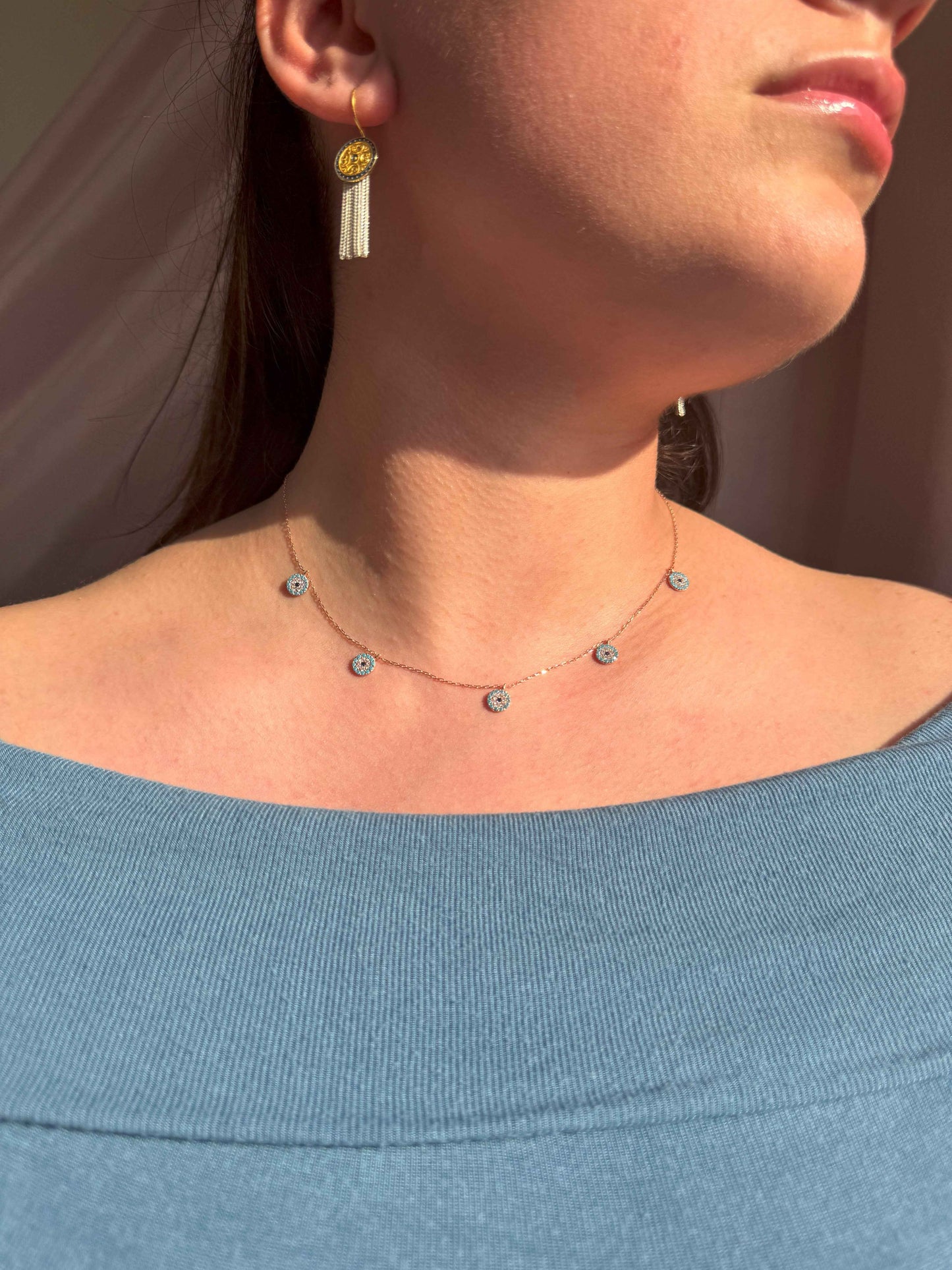 5 Turquoise White Navy Circle Silver Necklace