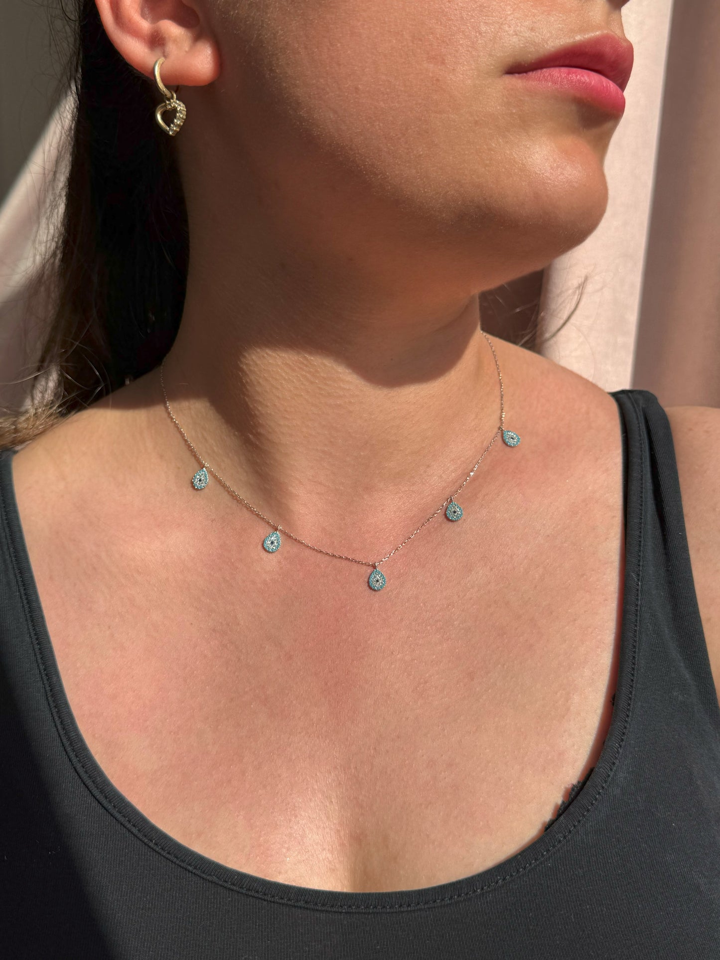 5 Turquoise White Navy Drop Silver Necklace