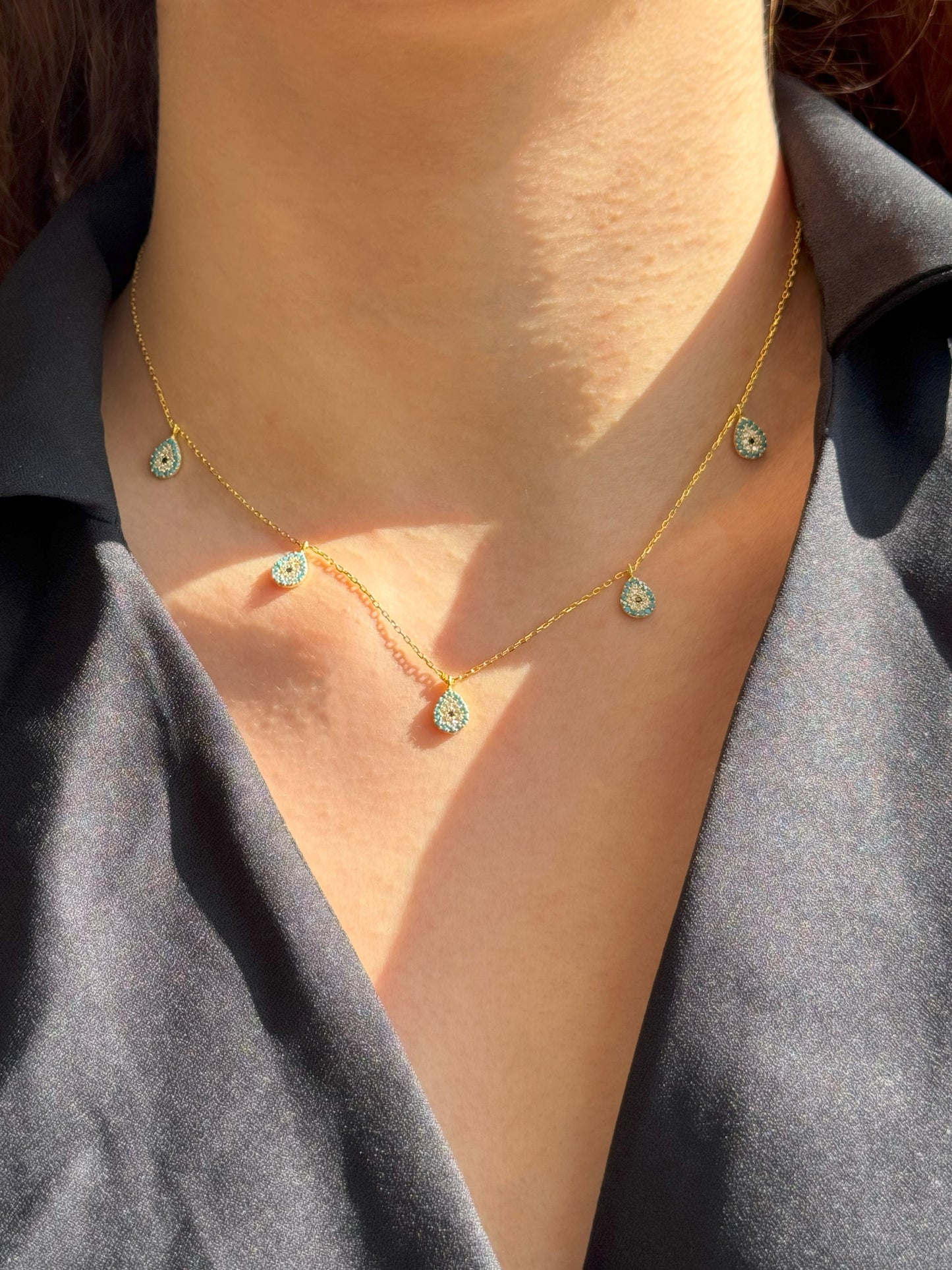5 Turquoise White Navy Drop Silver Necklace