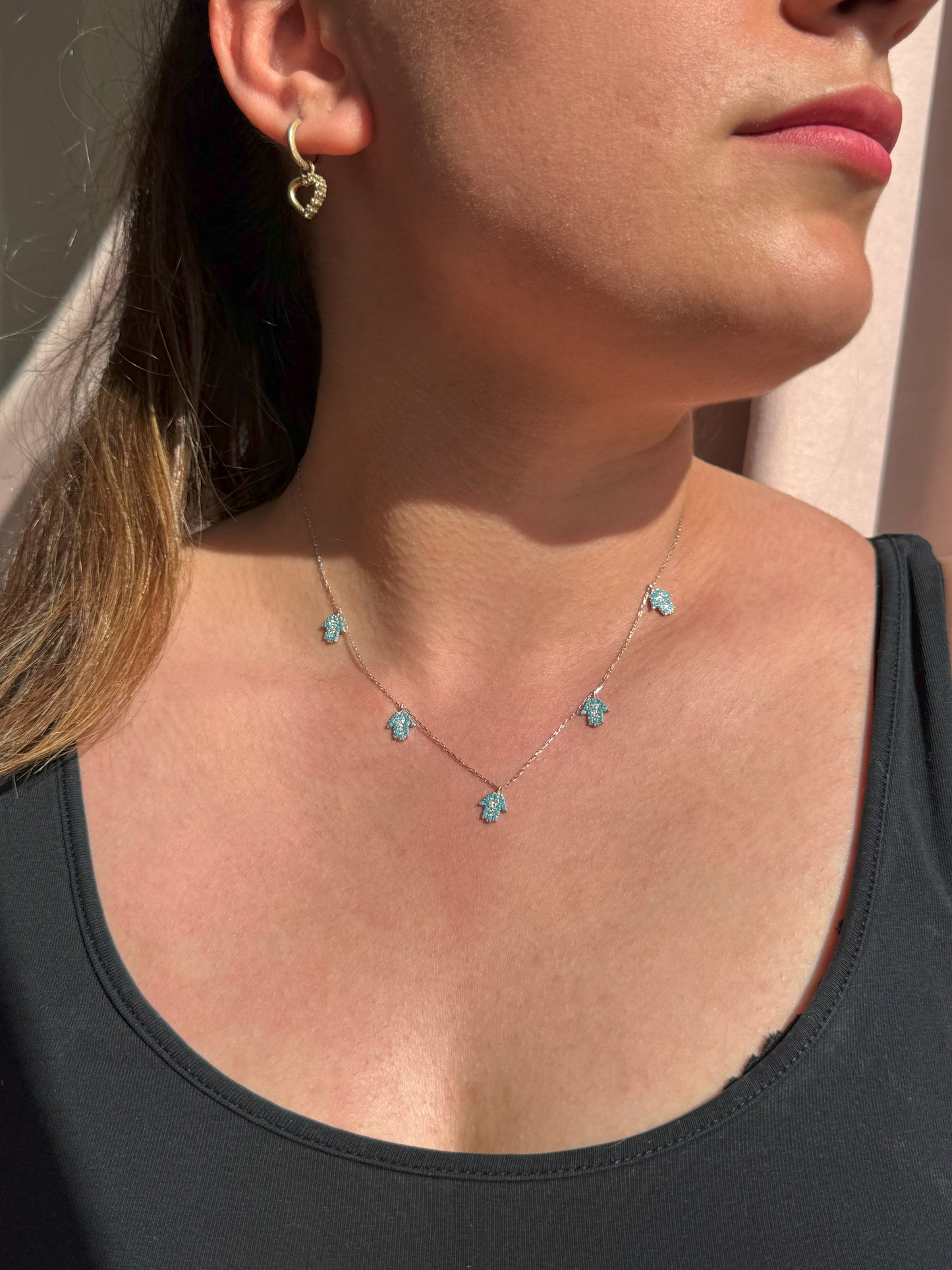 5 Turquoise White Hand Silver Necklace