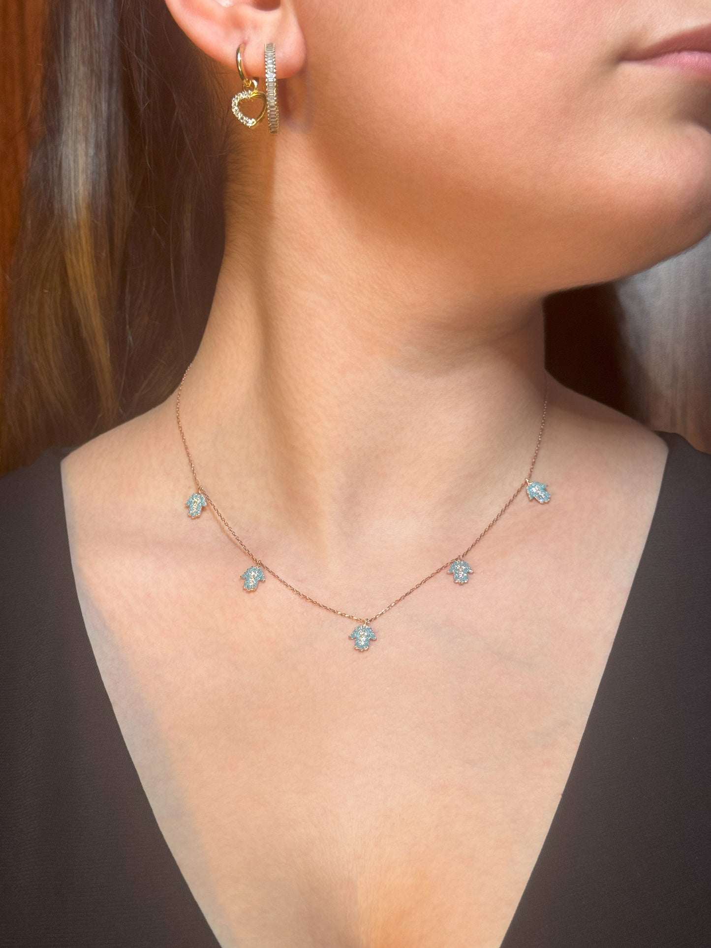 5 Turquoise White Hand Silver Necklace