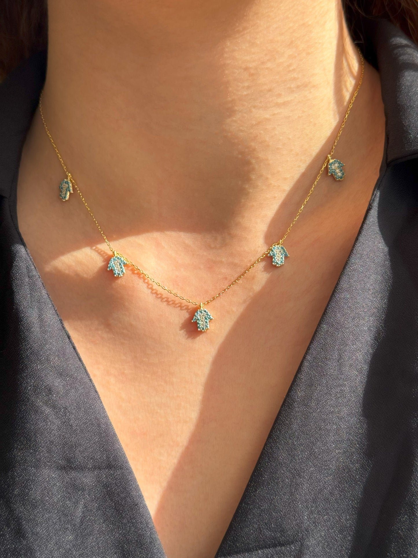 5 Turquoise White Hand Silver Necklace