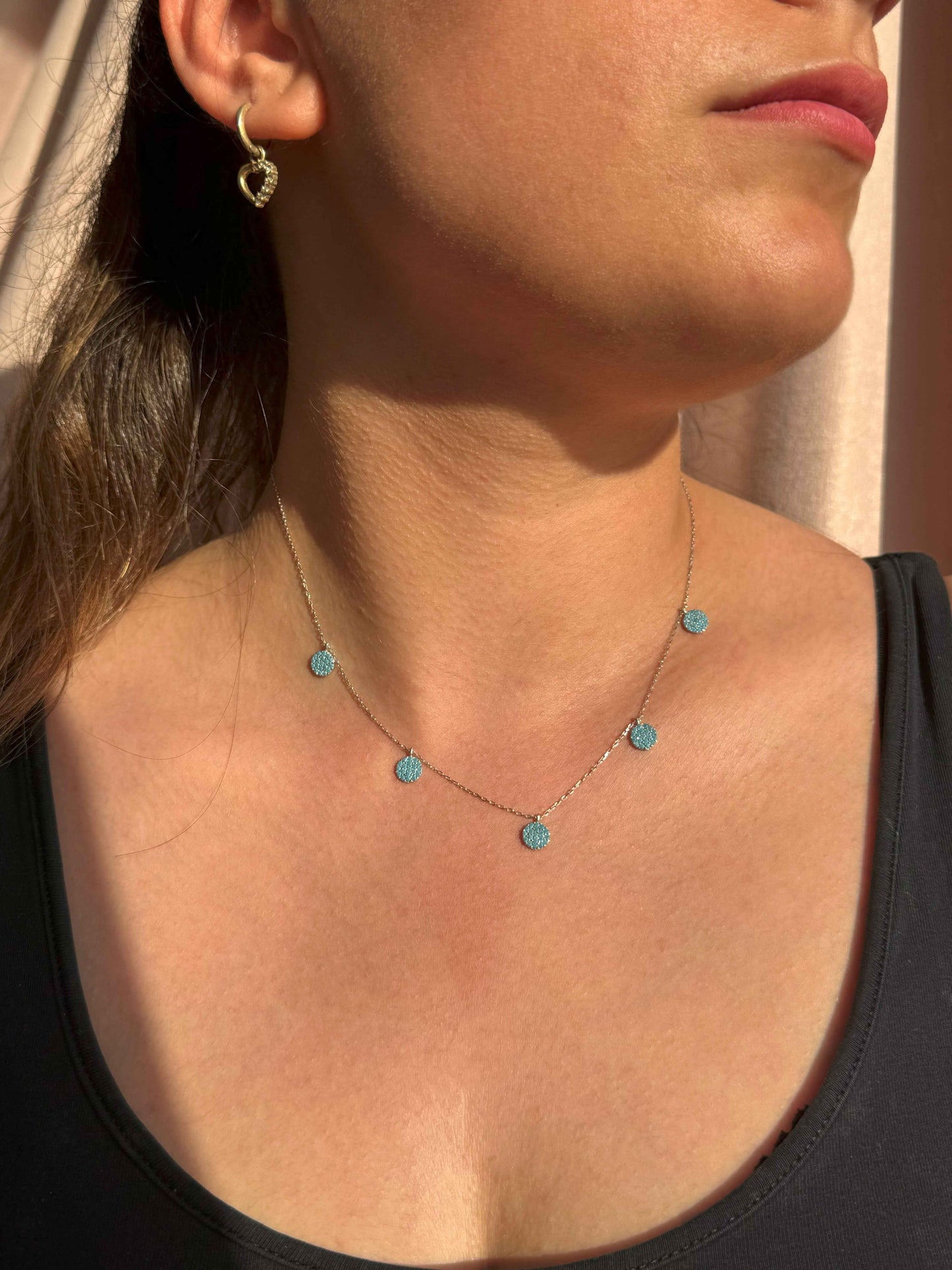 5 Turquoise Circle Silver Necklace