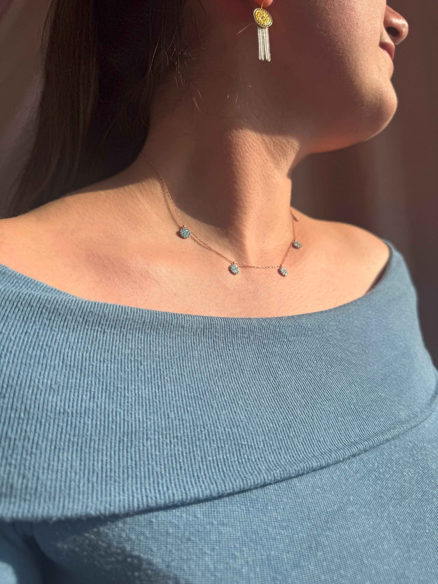 5 Turquoise Circle Silver Necklace