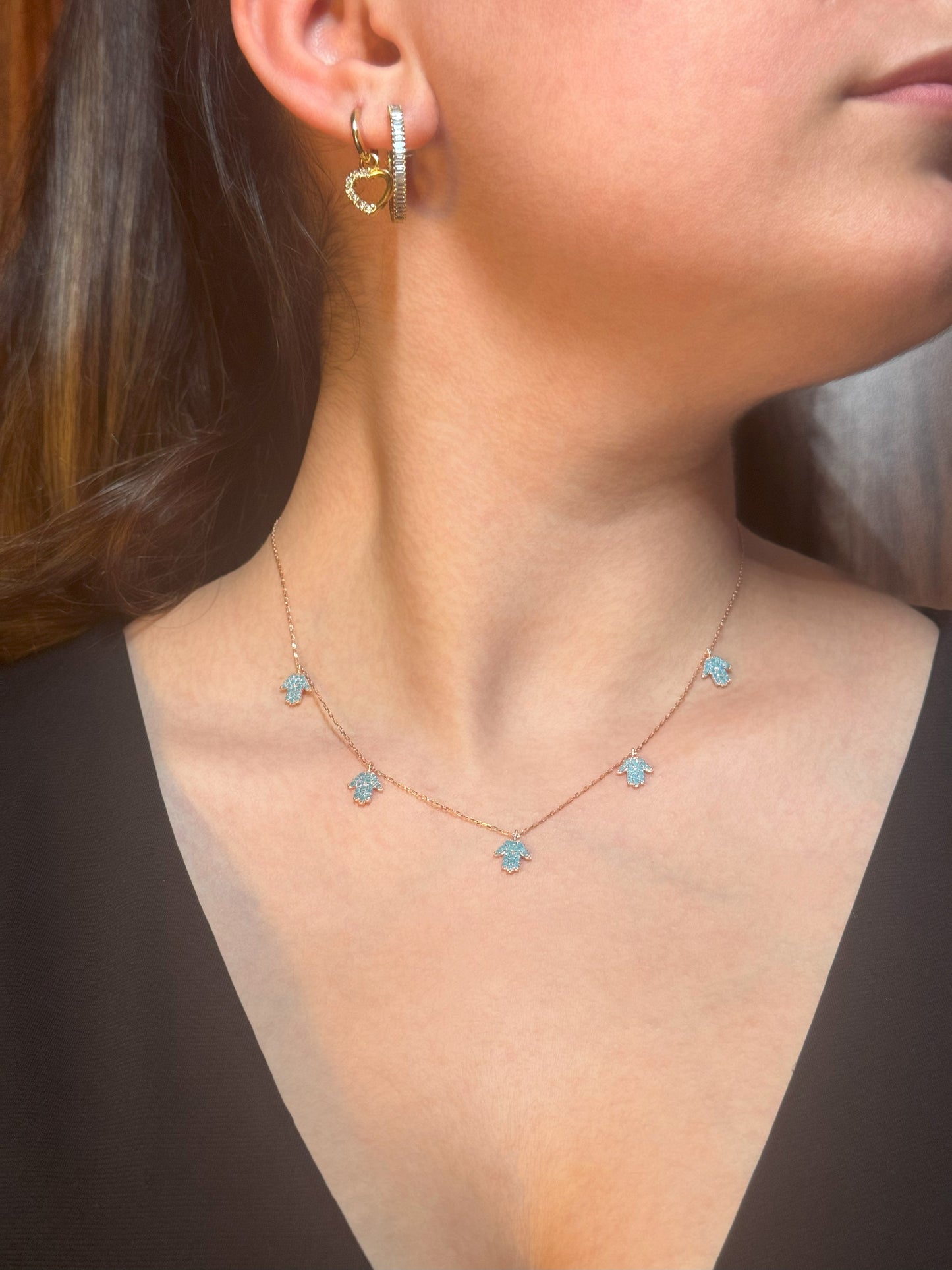 5 Turquoise Hand Silver Necklace