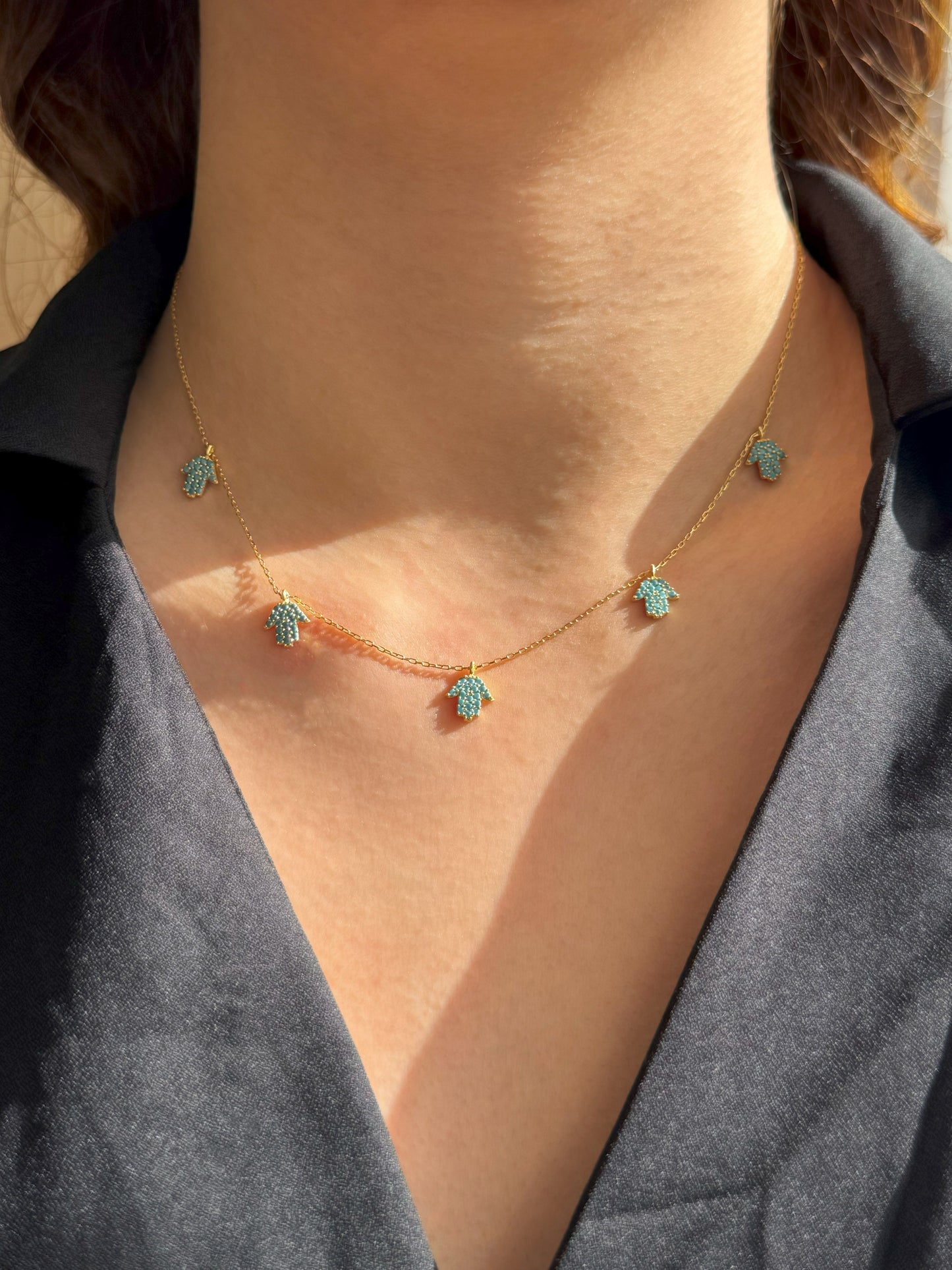 5 Turquoise Hand Silver Necklace