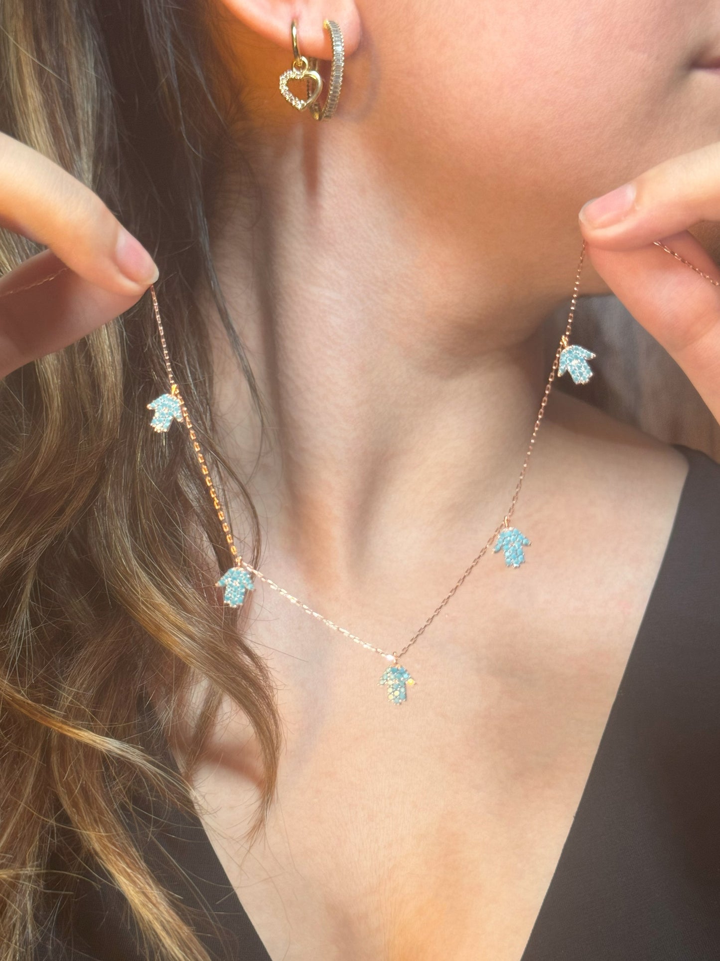 5 Turquoise Hand Silver Necklace
