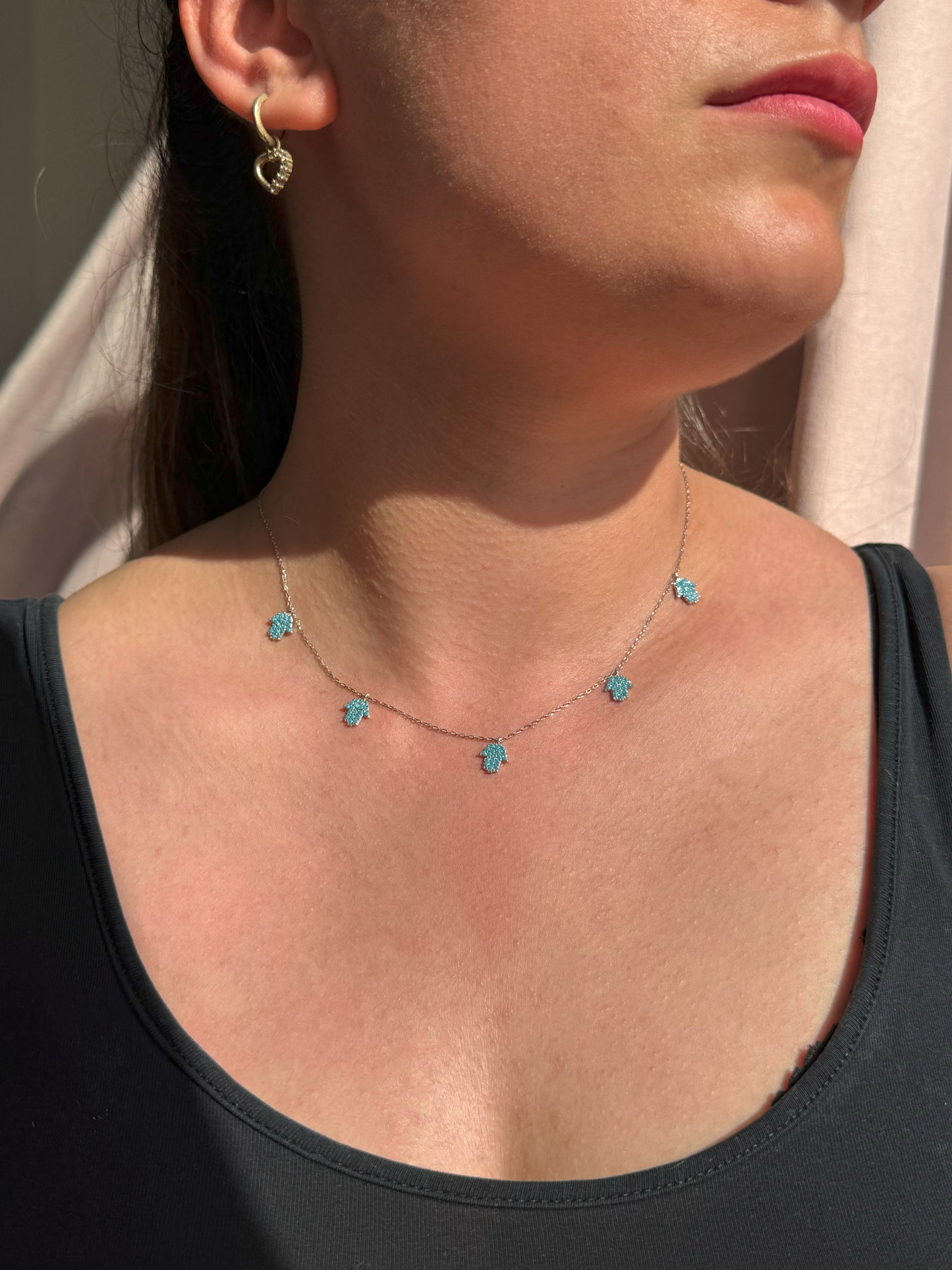 5 Turquoise Hand Silver Necklace