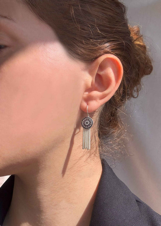 Round Flower Tassel Silver Earrings