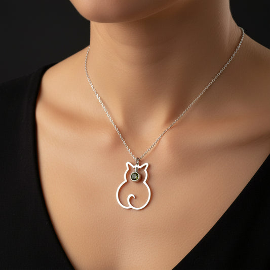 August Birthstone Cat Women's Silver Necklace