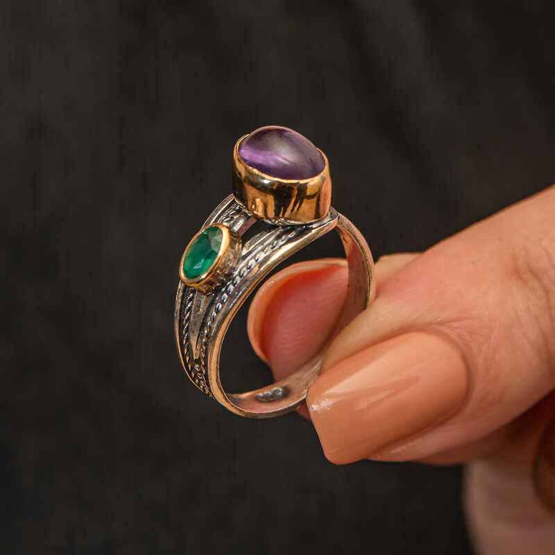 Amethyst and Emerald Stone Authentic Adjustable Women's Silver Ring