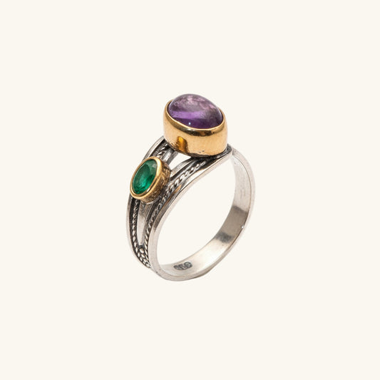 Authentischer verstellbarer Damen-Silberring mit Amethyst und Smaragdstein