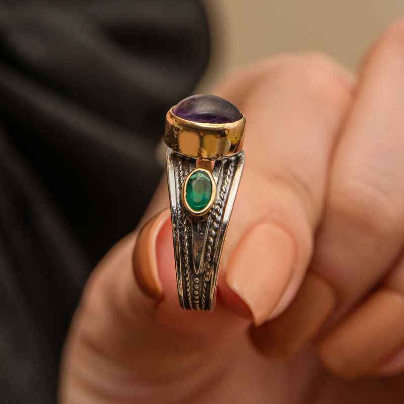 Amethyst and Emerald Stone Authentic Adjustable Women's Silver Ring