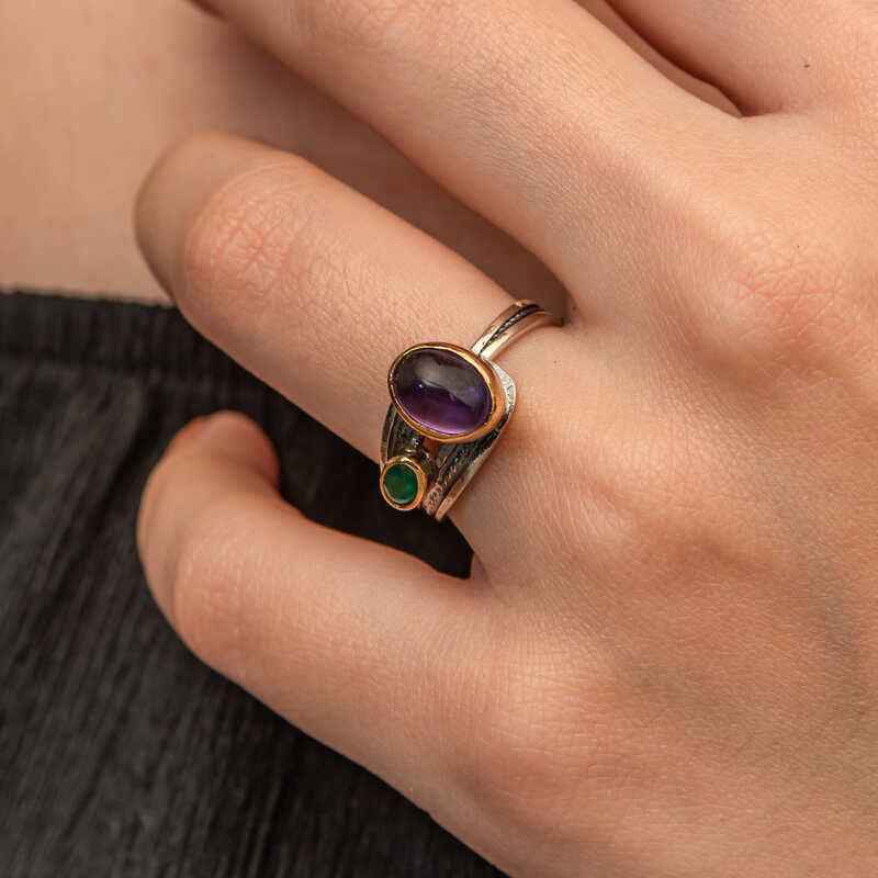 Amethyst and Emerald Stone Authentic Adjustable Women's Silver Ring