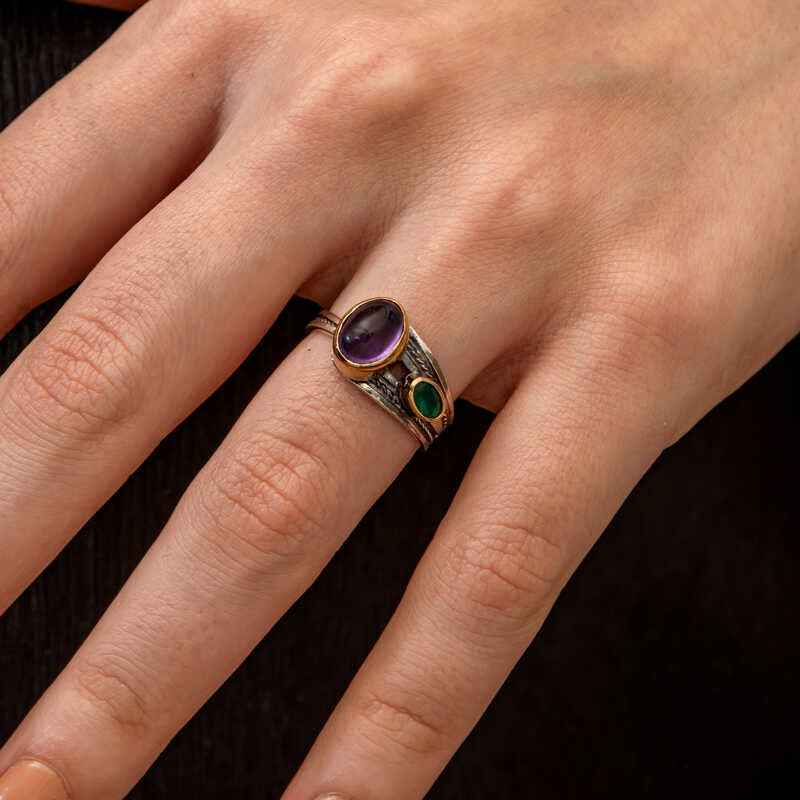 Amethyst and Emerald Stone Authentic Adjustable Women's Silver Ring