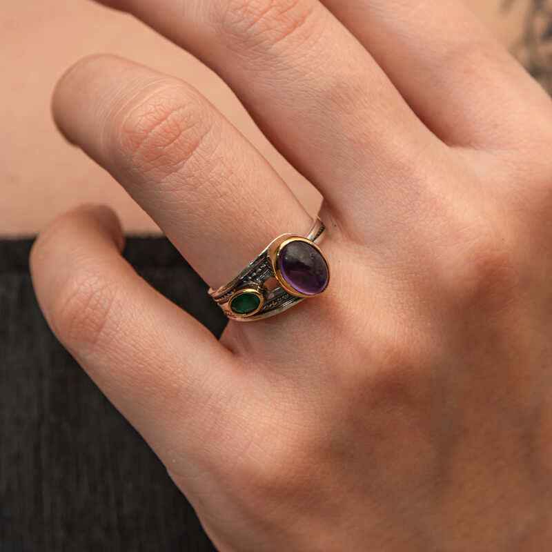 Amethyst and Emerald Stone Authentic Adjustable Women's Silver Ring