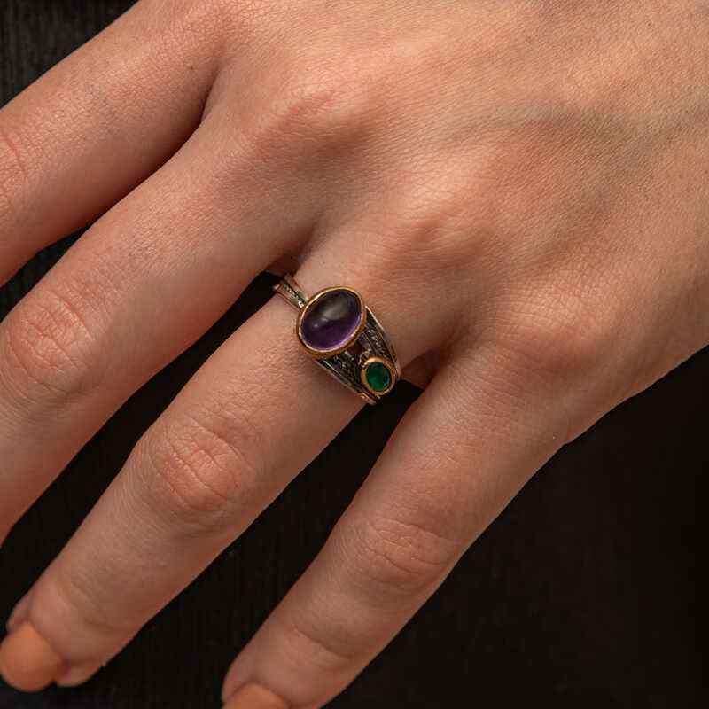 Amethyst and Emerald Stone Authentic Adjustable Women's Silver Ring