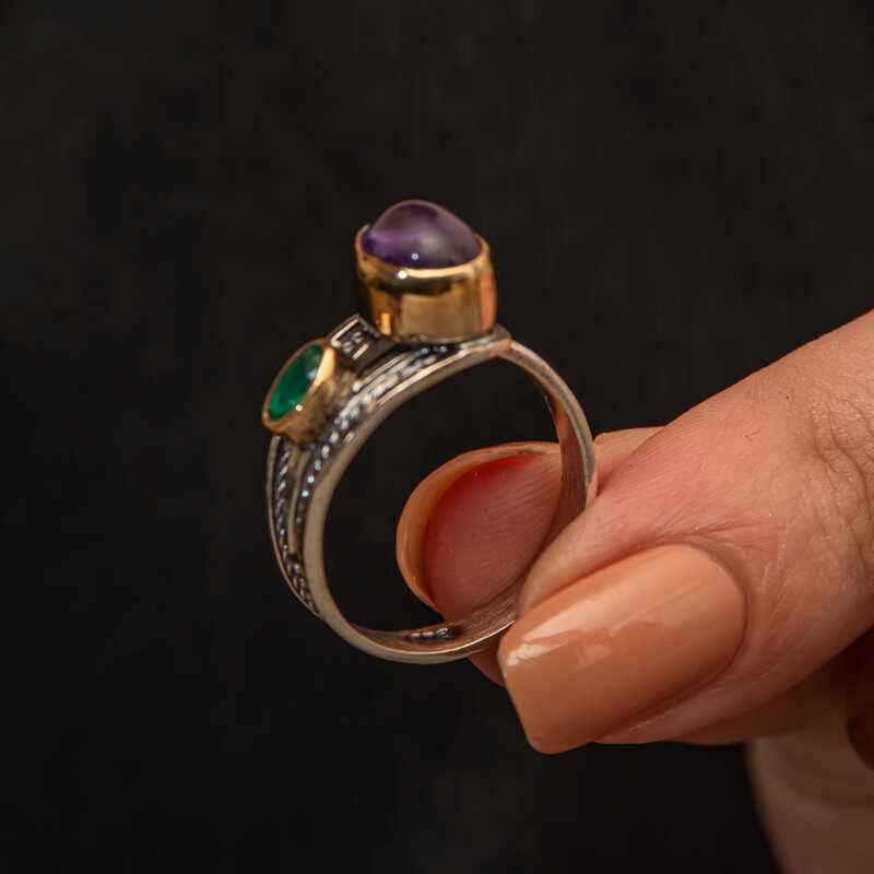 Amethyst and Emerald Stone Authentic Adjustable Women's Silver Ring