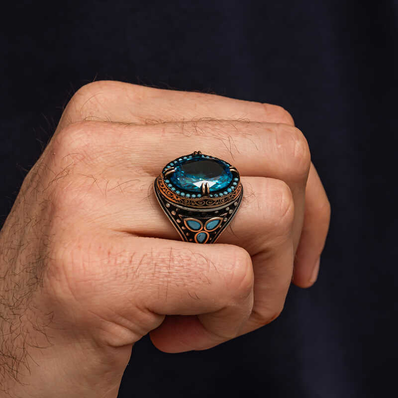 Aquamarine Stone Men's Silver Ring