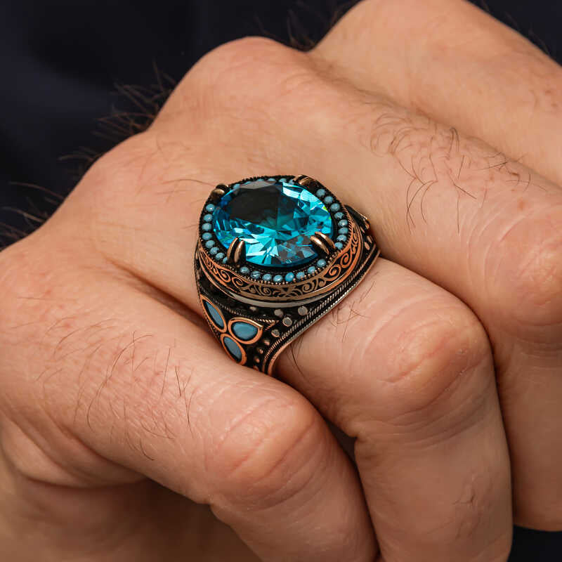 Aquamarine Stone Men's Silver Ring