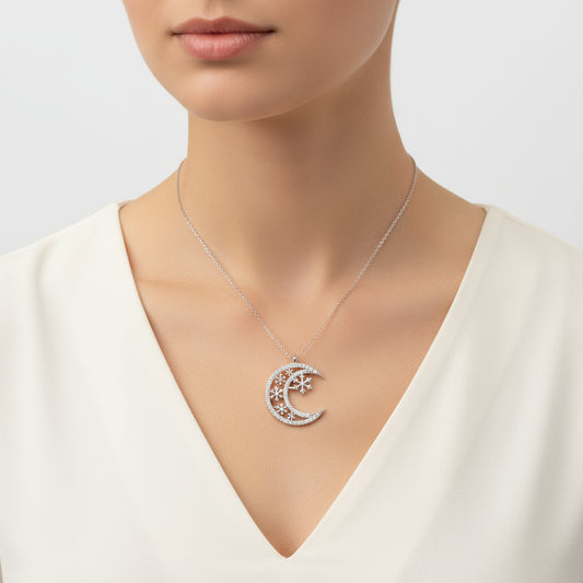 Collier en argent pour femme avec flocon de neige et lune