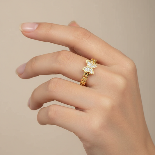 Adjustable Gold Butterfly Women's Silver Ring