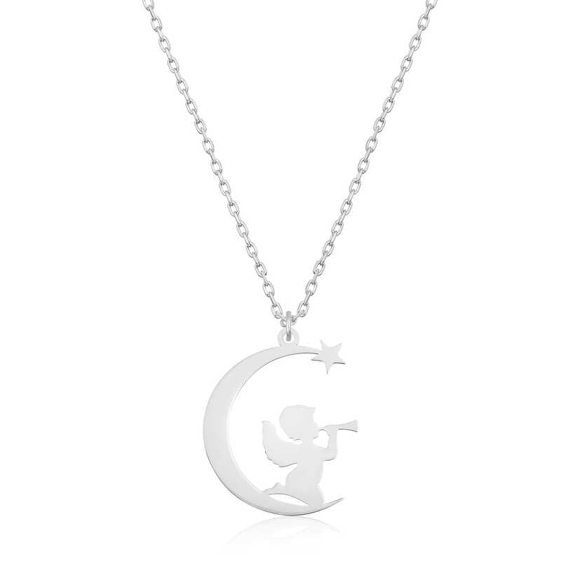 Angel Sitting on the Moon Women's Silver Necklace