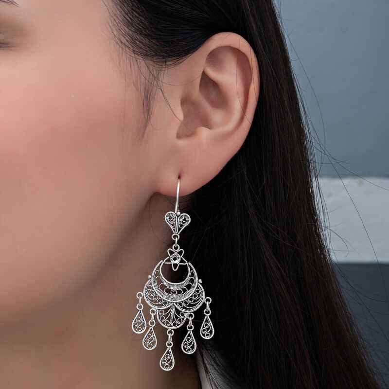 Crescent Moon Star Filigree Dangle Women's Silver Earrings
