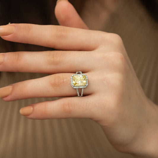 Yellow Plated Square Baguette Women's Silver Ring