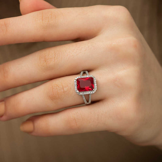 Red Bagette Square Women's Silver Ring