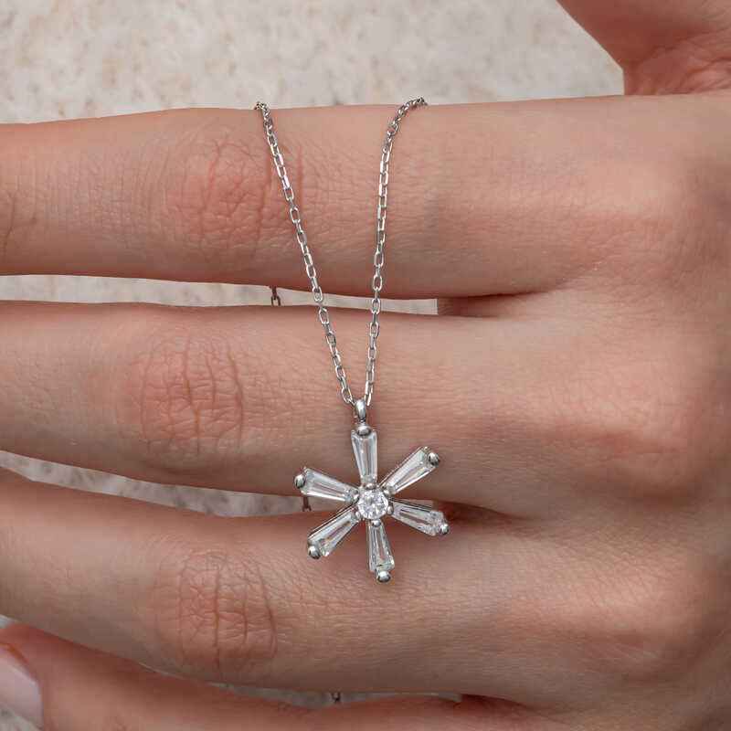 Baguette Stone Flower Women's Silver Necklace