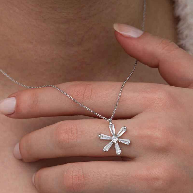 Baguette Stone Flower Women's Silver Necklace