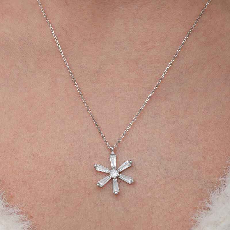 Baguette Stone Flower Women's Silver Necklace