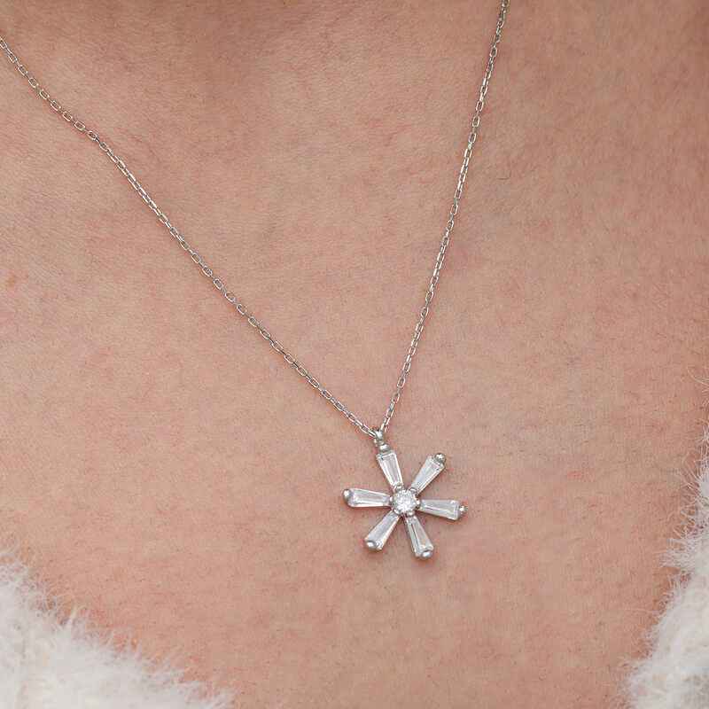 Baguette Stone Flower Women's Silver Necklace