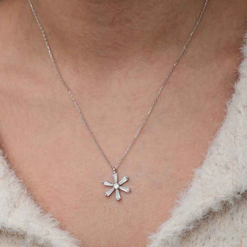 Baguette Stone Flower Women's Silver Necklace