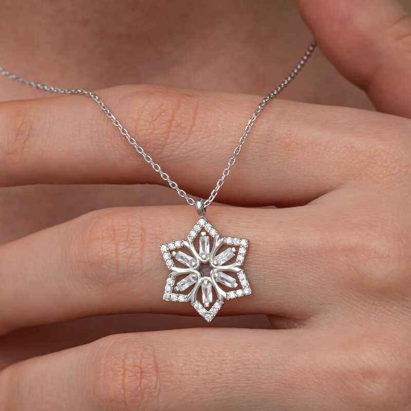 Baguette Stone Flower Women's Silver Necklace