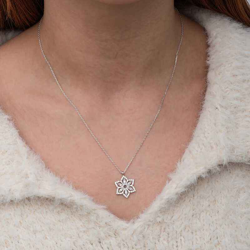 Baguette Stone Flower Women's Silver Necklace