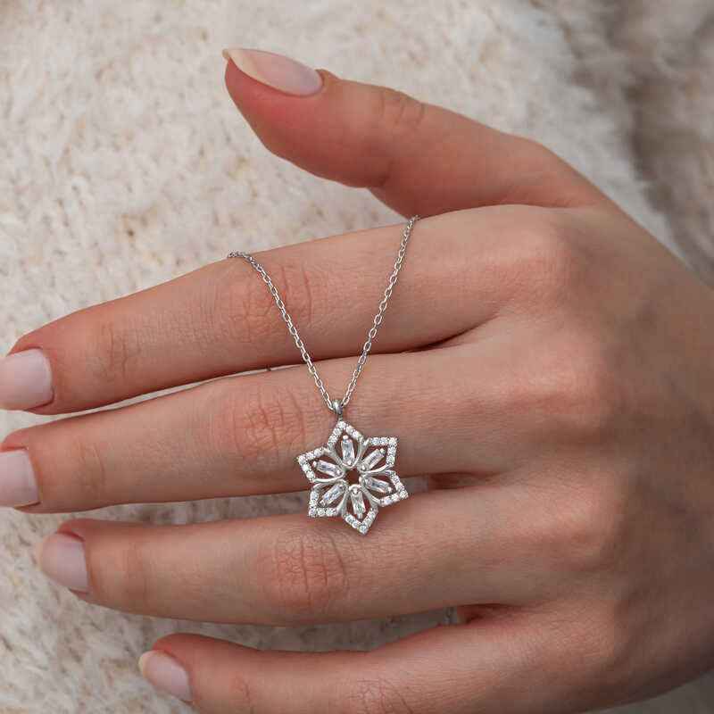 Baguette Stone Flower Women's Silver Necklace