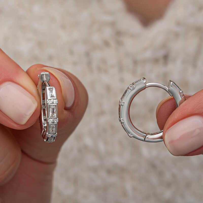 Baguette Stone Hoop Women's Silver Earring