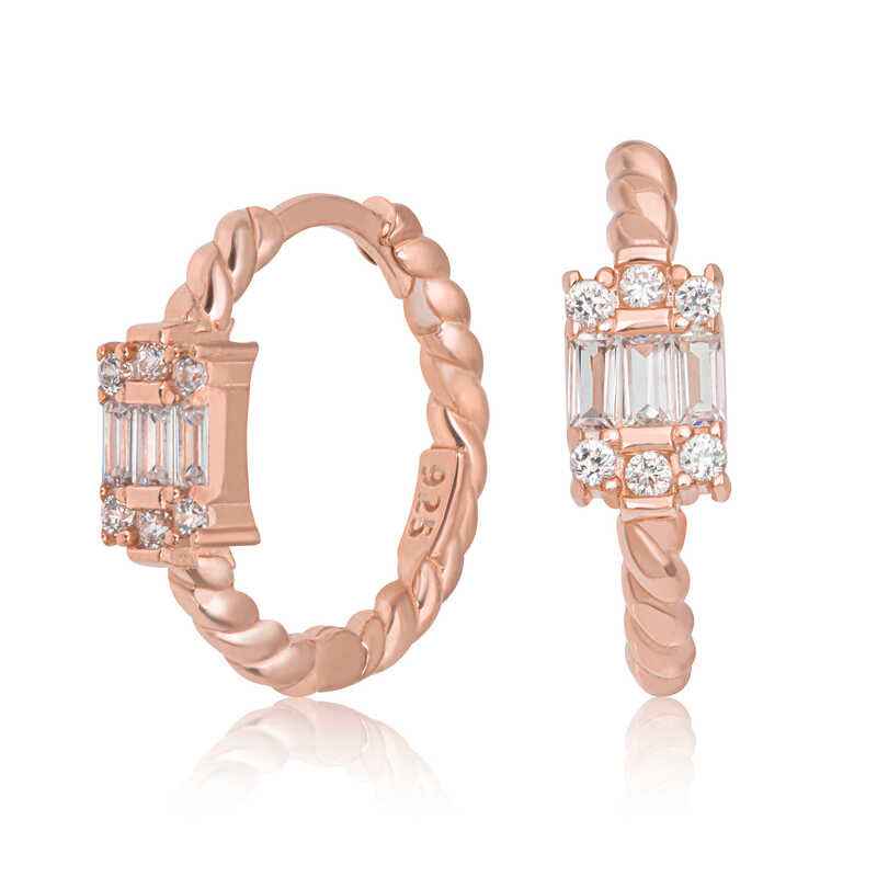 Baguette Stone Rose Plated Women's Silver Earrings