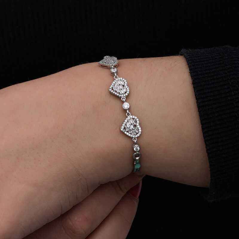 Baguette Stone Heart Women's Silver Bracelet